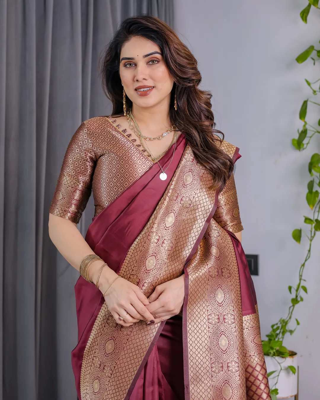 Maroon Banarasi Soft Silk Saree with Zari Border Online