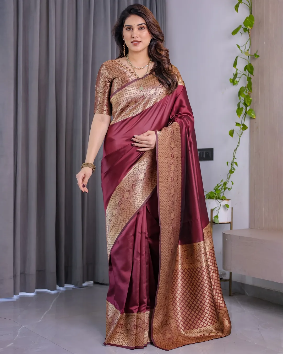 Maroon Banarasi Soft Silk Saree with Zari Border Online