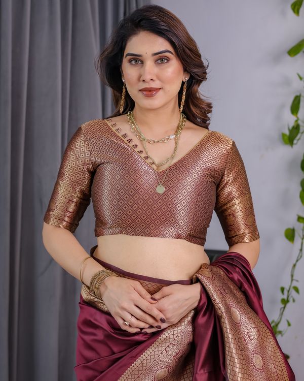 Maroon Banarasi Soft Silk Saree with Zari Border Online