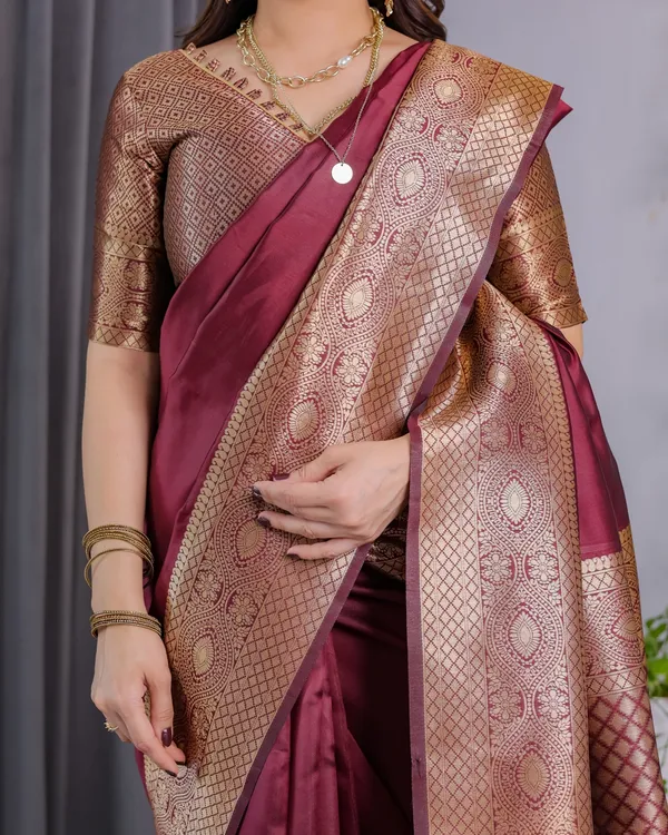 Maroon Banarasi Soft Silk Saree with Zari Border Online