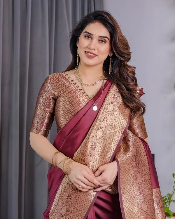Maroon Banarasi Soft Silk Saree with Zari Border Online