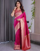 Buy Rani Pink Banarasi Silk Saree with Jacquard Zari Border - pink, Rani Pink, Magenta, Purple, Blush Pink, Hot Pink, Fuchsia, Lilac, Orchid