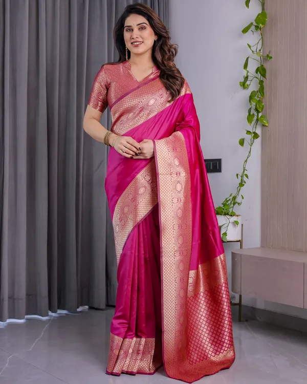 Buy Rani Pink Banarasi Silk Saree with Jacquard Zari Border