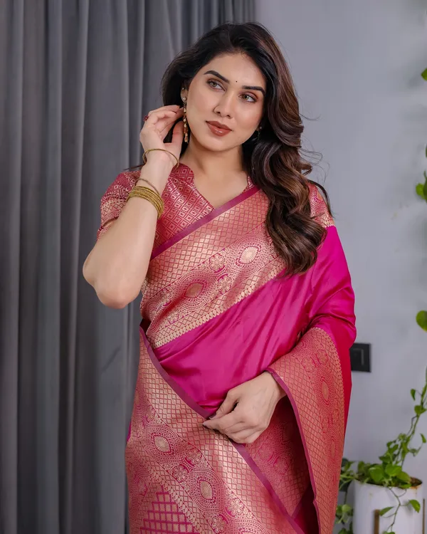 Buy Rani Pink Banarasi Silk Saree with Jacquard Zari Border