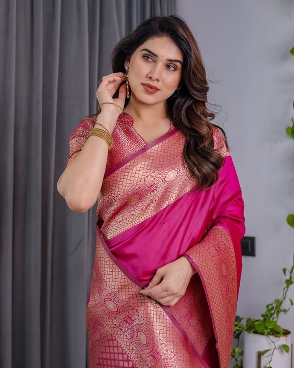 Buy Rani Pink Banarasi Silk Saree with Jacquard Zari Border