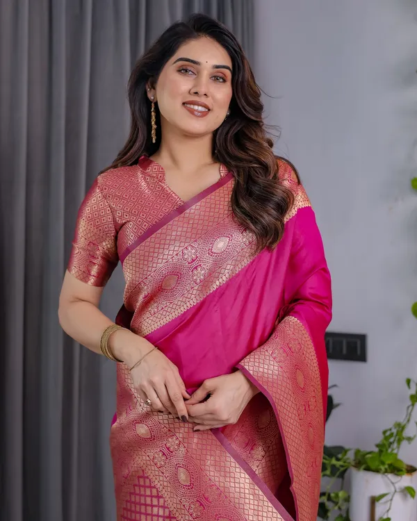 Buy Rani Pink Banarasi Silk Saree with Jacquard Zari Border