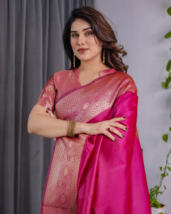 Buy Rani Pink Banarasi Silk Saree with Jacquard Zari Border