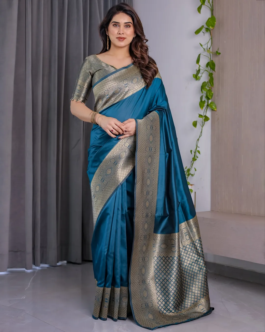 eal Blue Banarasi Silk Saree with Jacquard Zari Border
