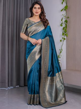 eal Blue Banarasi Silk Saree with Jacquard Zari Border