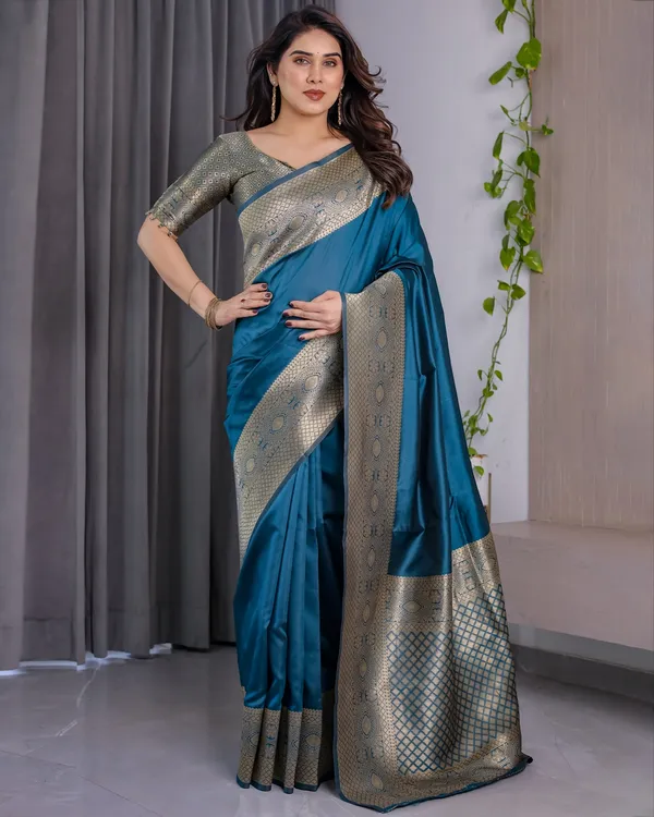 eal Blue Banarasi Silk Saree with Jacquard Zari Border