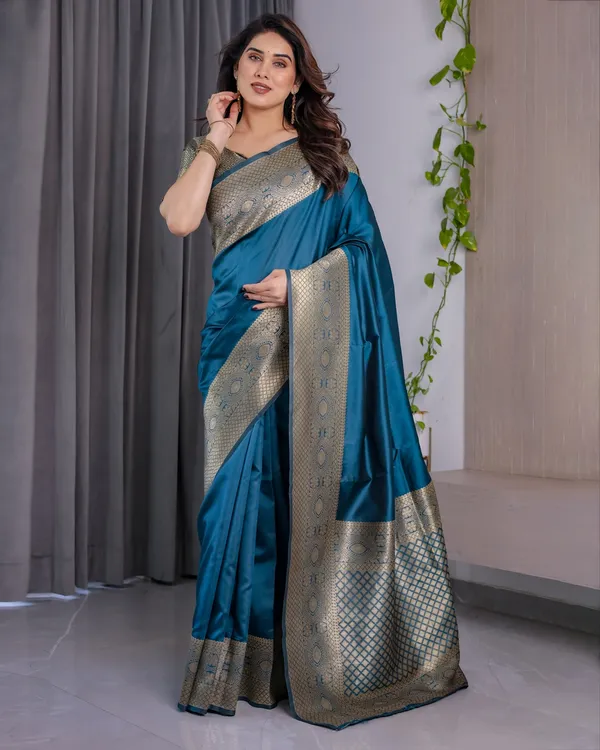 eal Blue Banarasi Silk Saree with Jacquard Zari Border