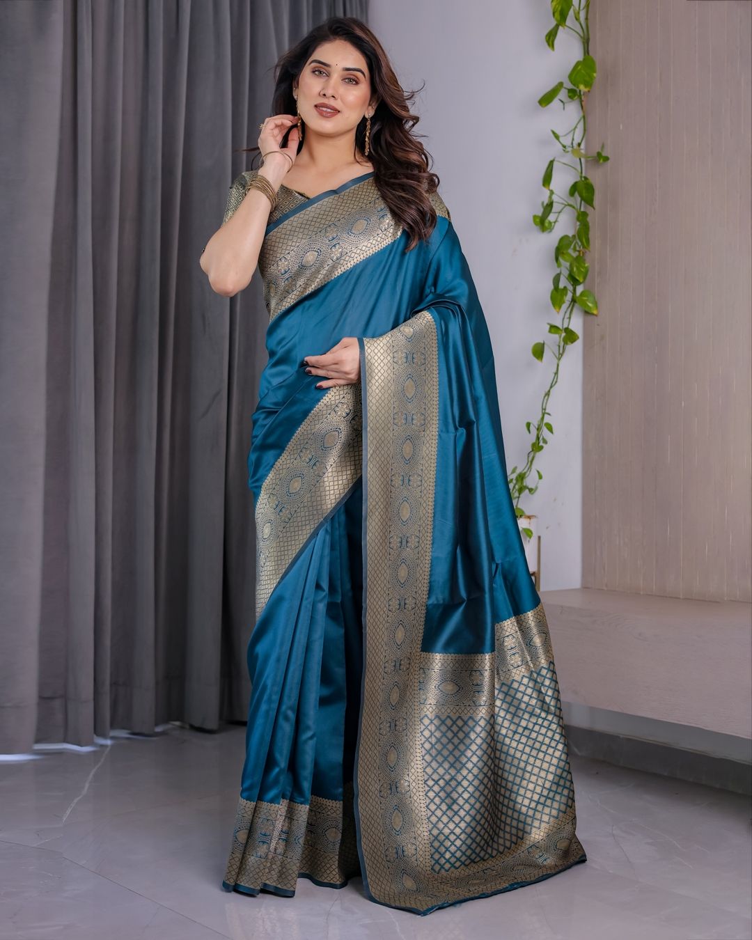 eal Blue Banarasi Silk Saree with Jacquard Zari Border