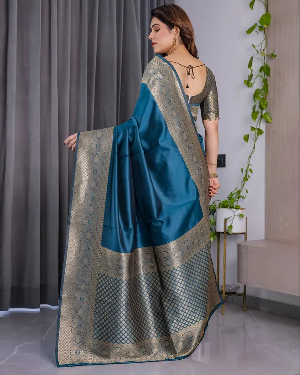 eal Blue Banarasi Silk Saree with Jacquard Zari Border
