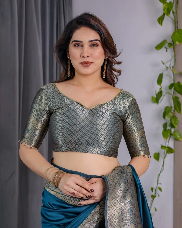 eal Blue Banarasi Silk Saree with Jacquard Zari Border