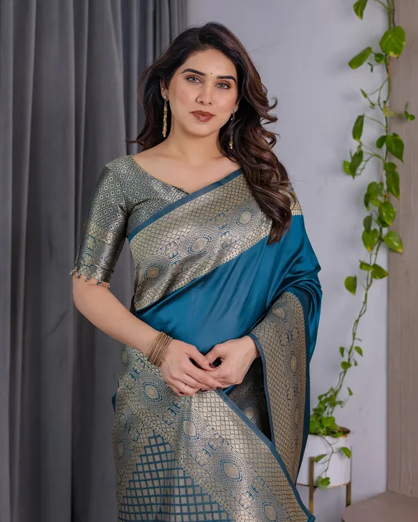 eal Blue Banarasi Silk Saree with Jacquard Zari Border