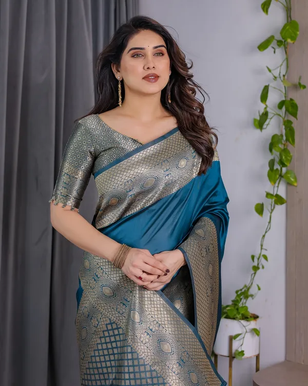 eal Blue Banarasi Silk Saree with Jacquard Zari Border