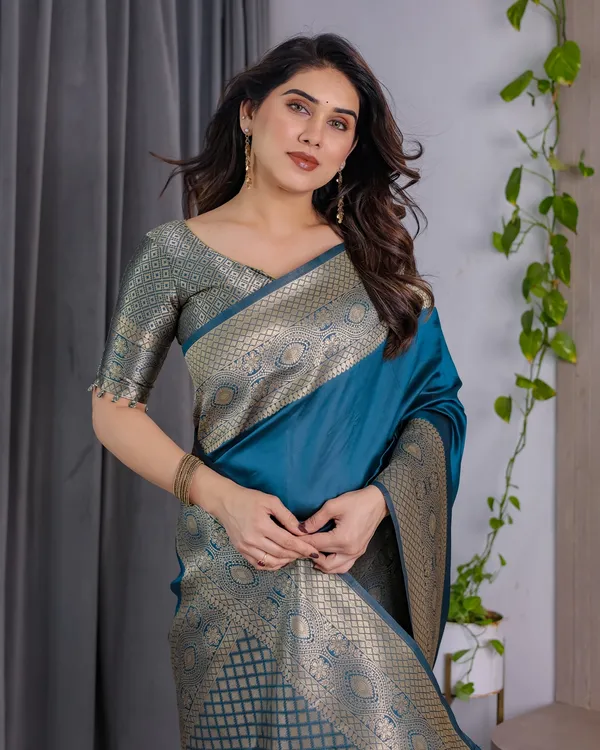 eal Blue Banarasi Silk Saree with Jacquard Zari Border