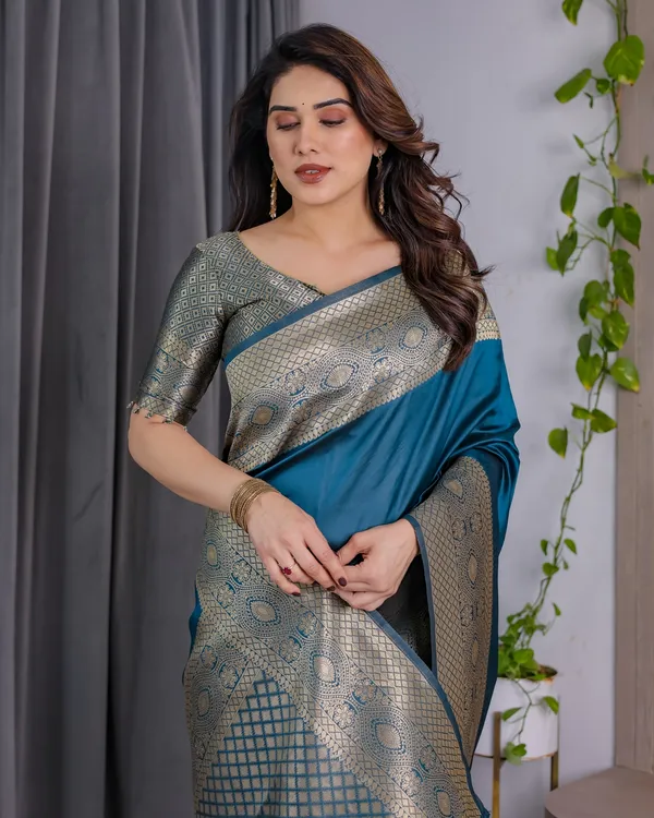 eal Blue Banarasi Silk Saree with Jacquard Zari Border