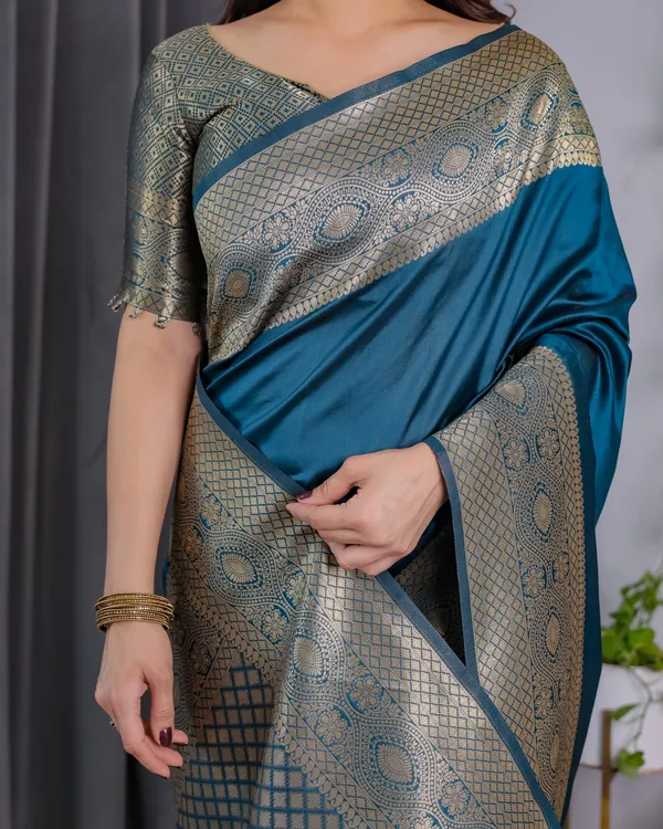 eal Blue Banarasi Silk Saree with Jacquard Zari Border