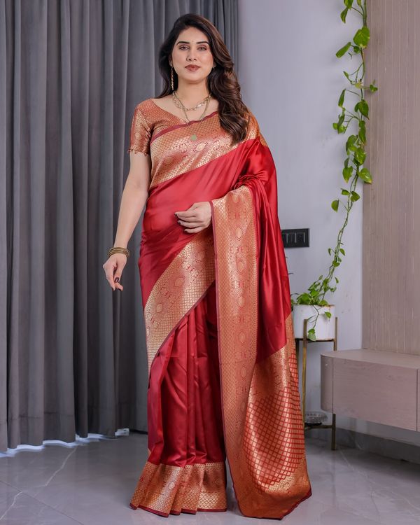 Red Banarasi Soft Silk Saree with Jacquard Zari Border