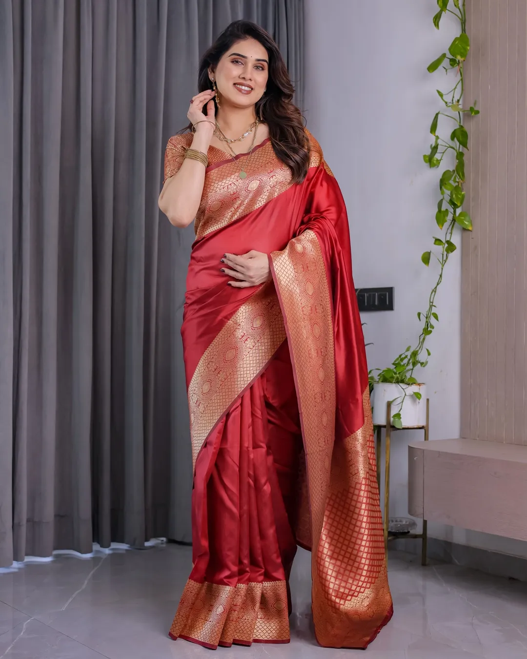 Red Banarasi Soft Silk Saree with Jacquard Zari Border