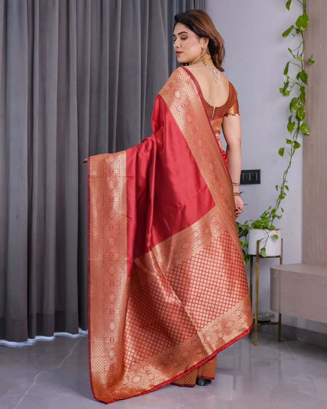 Red Banarasi Soft Silk Saree with Jacquard Zari Border
