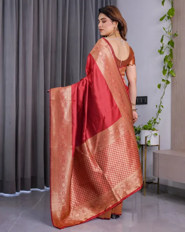 Red Banarasi Soft Silk Saree with Jacquard Zari Border