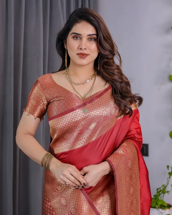 Red Banarasi Soft Silk Saree with Jacquard Zari Border