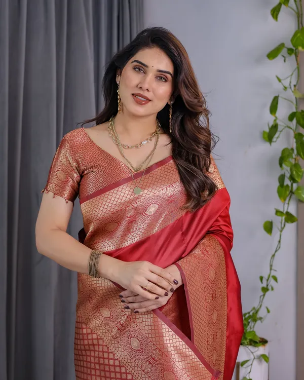 Red Banarasi Soft Silk Saree with Jacquard Zari Border