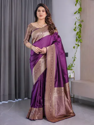 Purple Banarasi Soft Silk Saree with Elegant Zari & Jacquard