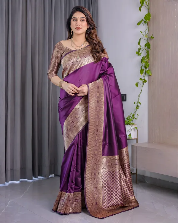 Purple Banarasi Soft Silk Saree with Elegant Zari & Jacquard