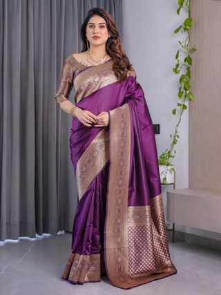 Purple Banarasi Soft Silk Saree with Elegant Zari & Jacquard