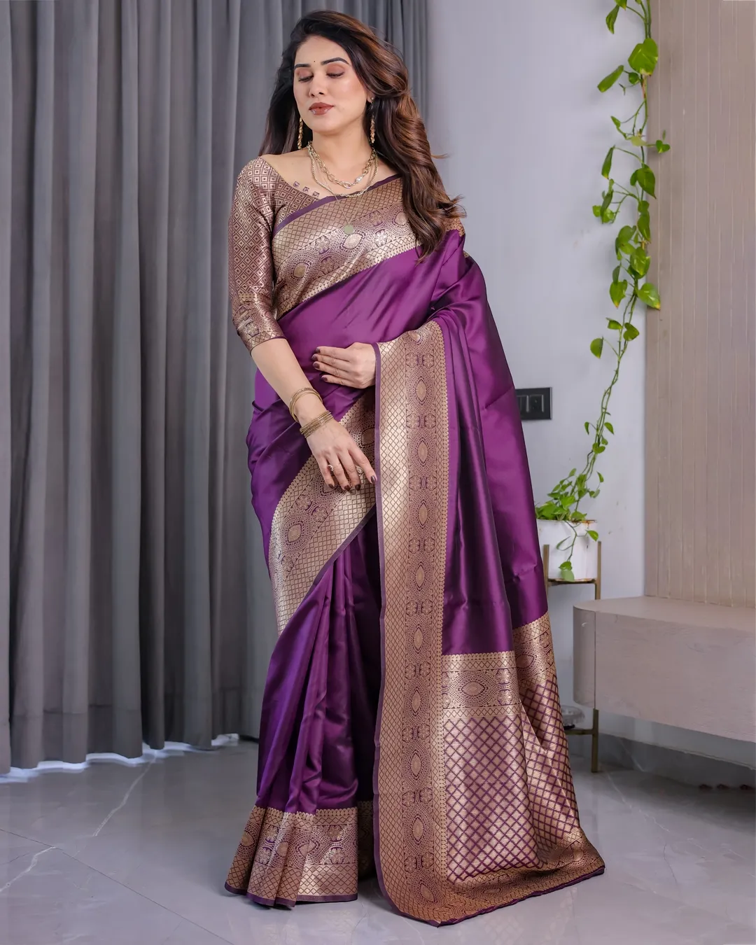 Purple Banarasi Soft Silk Saree with Elegant Zari & Jacquard