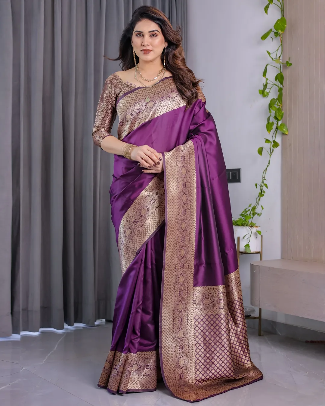 Purple Banarasi Soft Silk Saree with Elegant Zari & Jacquard
