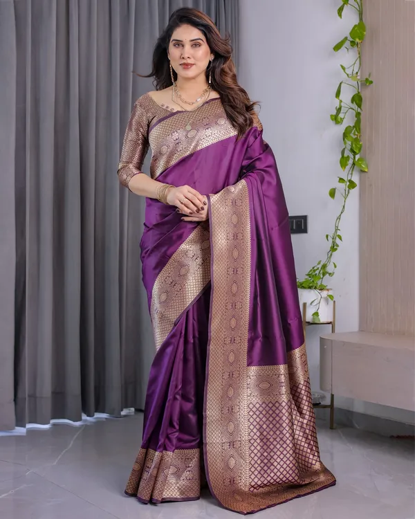 Purple Banarasi Soft Silk Saree with Elegant Zari & Jacquard