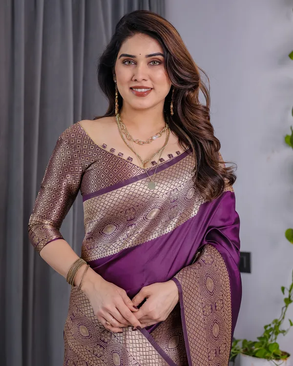 Purple Banarasi Soft Silk Saree with Elegant Zari & Jacquard