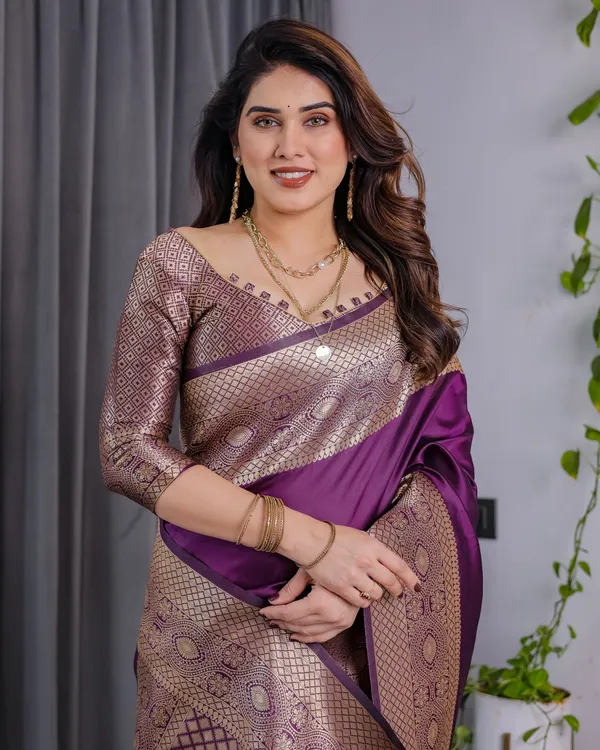 Purple Banarasi Soft Silk Saree with Elegant Zari & Jacquard