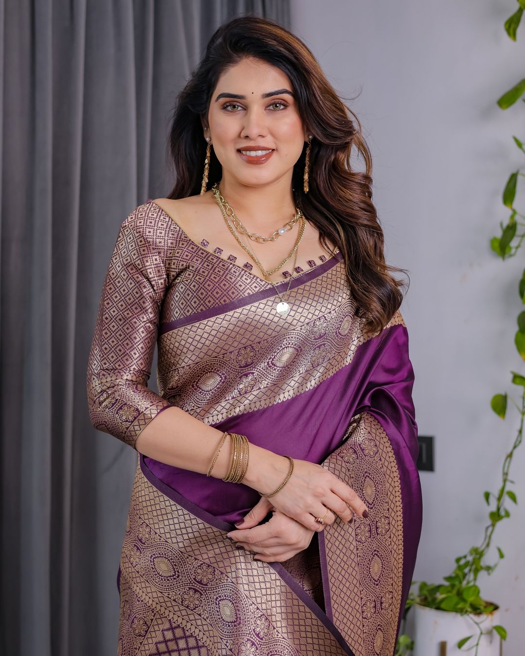 Purple Banarasi Soft Silk Saree with Elegant Zari & Jacquard