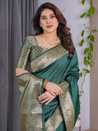Green Banarasi Soft Silk Saree with Golden Jacquard Border