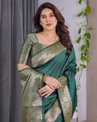 Green Banarasi Soft Silk Saree with Golden Jacquard Border - Green, Bottle Green, Sea Green, Parrot Green, Forest Green, Jade Green