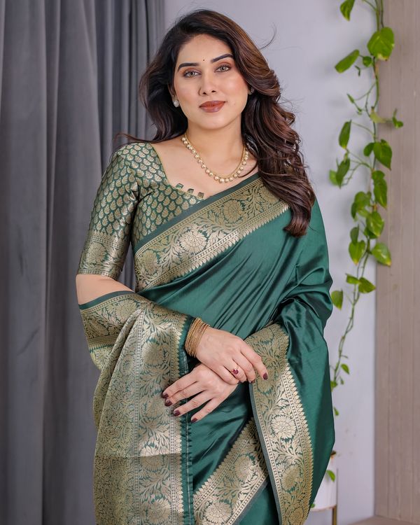 Green Banarasi Soft Silk Saree with Golden Jacquard Border