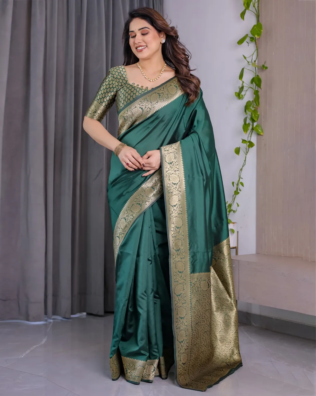 Green Banarasi Soft Silk Saree with Golden Jacquard Border