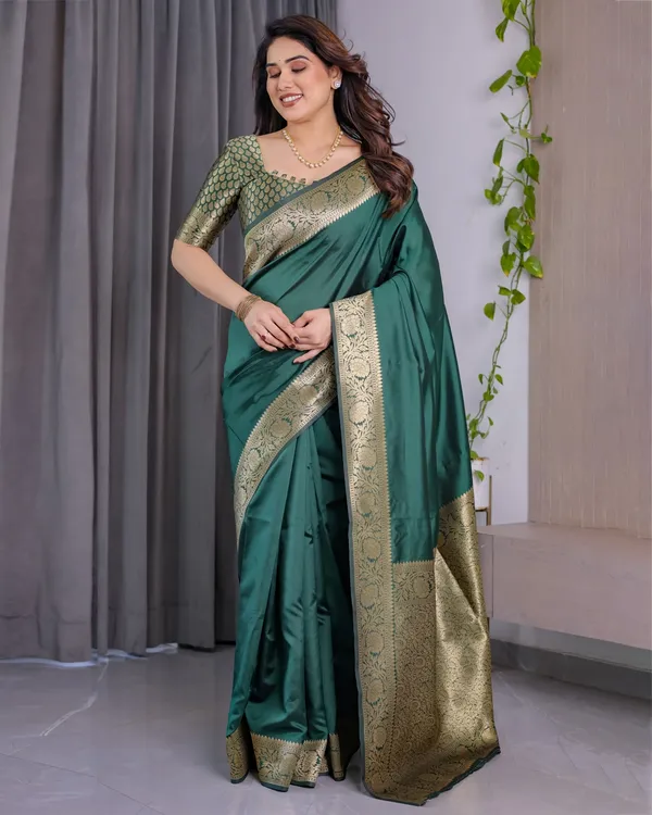 Green Banarasi Soft Silk Saree with Golden Jacquard Border