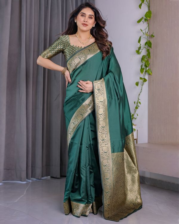 Green Banarasi Soft Silk Saree with Golden Jacquard Border
