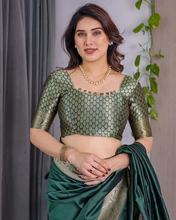 Green Banarasi Soft Silk Saree with Golden Jacquard Border