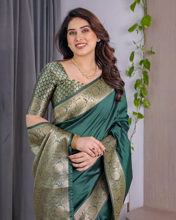 Green Banarasi Soft Silk Saree with Golden Jacquard Border
