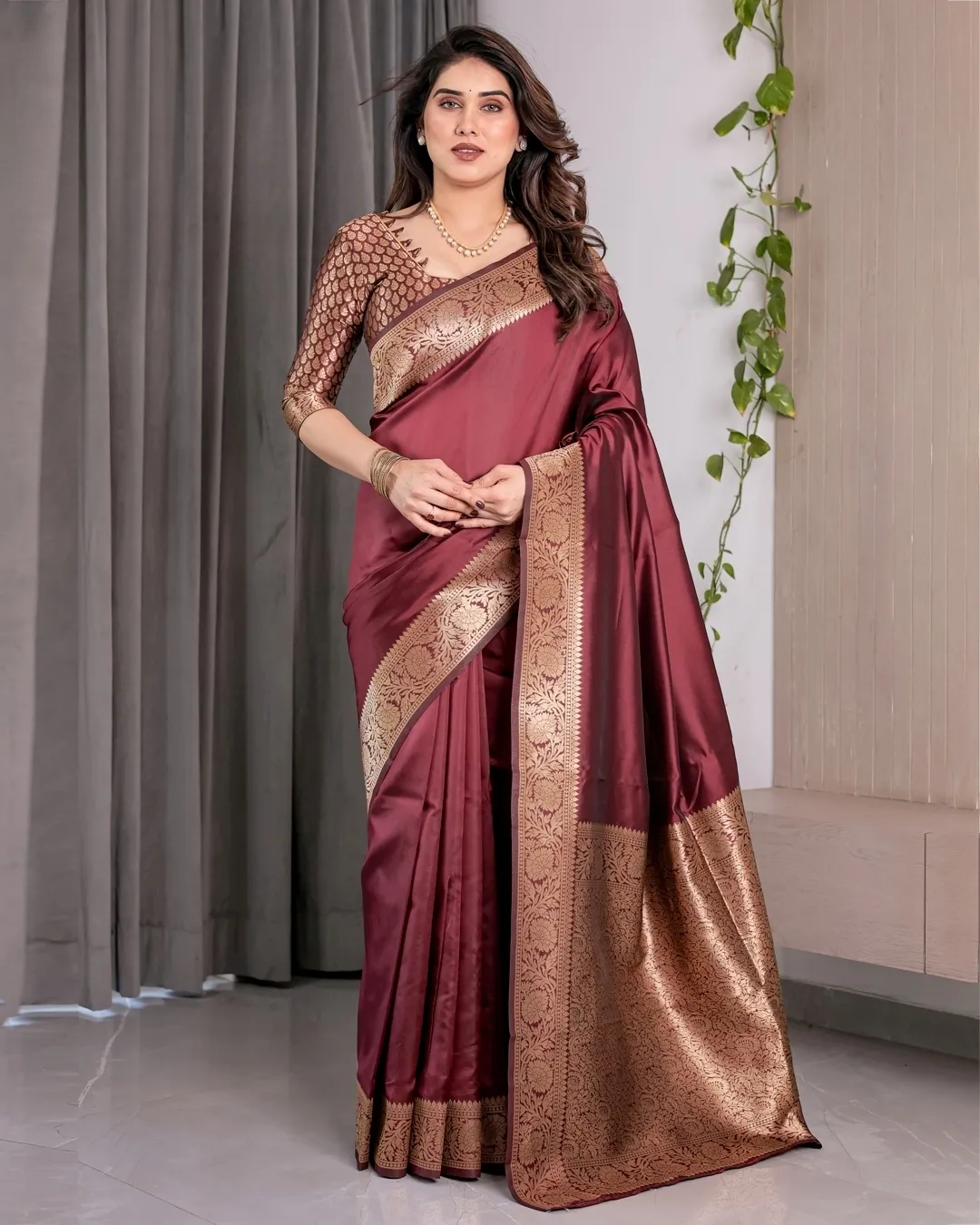 Wine Banarasi Soft Silk Saree With Golden Zari Border