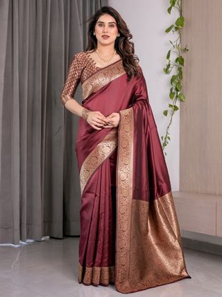 Wine Banarasi Soft Silk Saree With Golden Zari Border