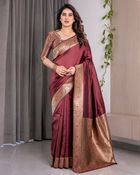 Wine Banarasi Soft Silk Saree With Golden Zari Border - Maroon, Wine, Burgundy