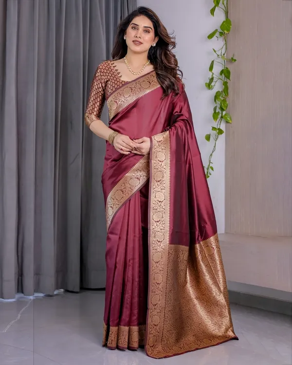 Wine Banarasi Soft Silk Saree With Golden Zari Border
